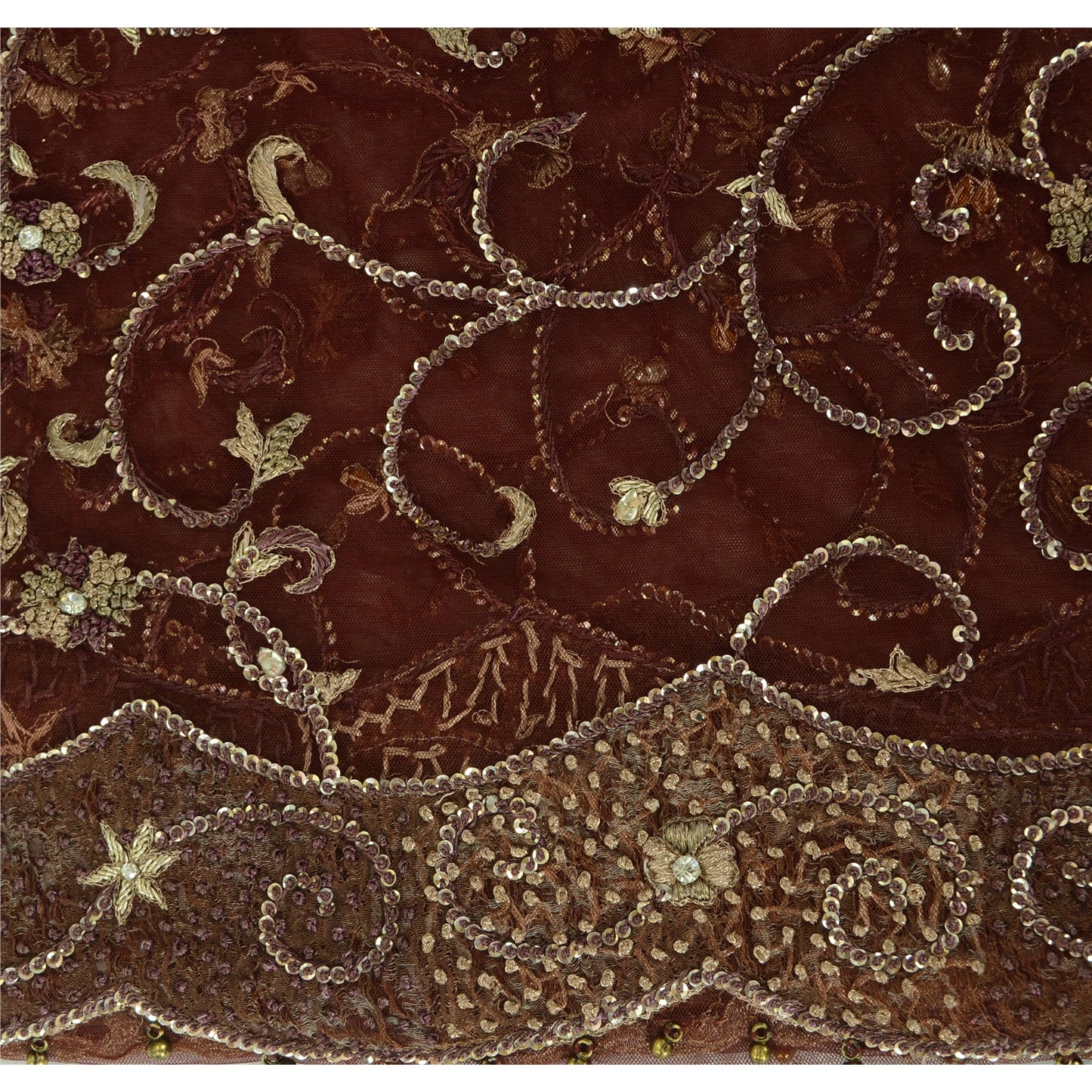 Sanskriti Vintage Maroon Dupatta Long Stole Net Mesh Hand Beaded Premium Scarves