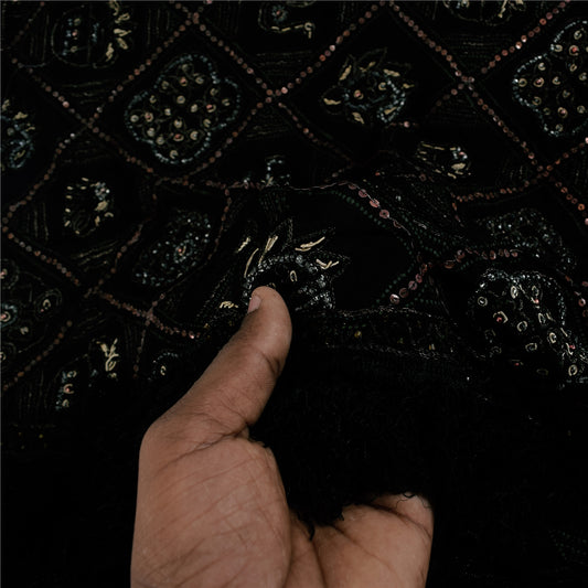 Sanskriti Vintage Black Dupatta Long Stole Pure Silk Hand Beaded Printed Scarves