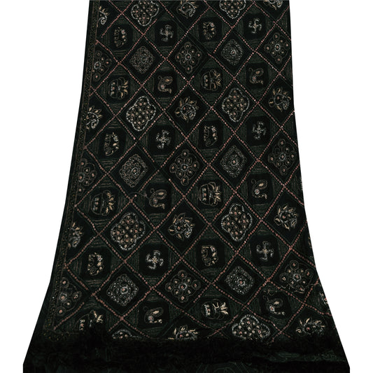 Sanskriti Vintage Black Dupatta Long Stole Pure Silk Hand Beaded Printed Scarves