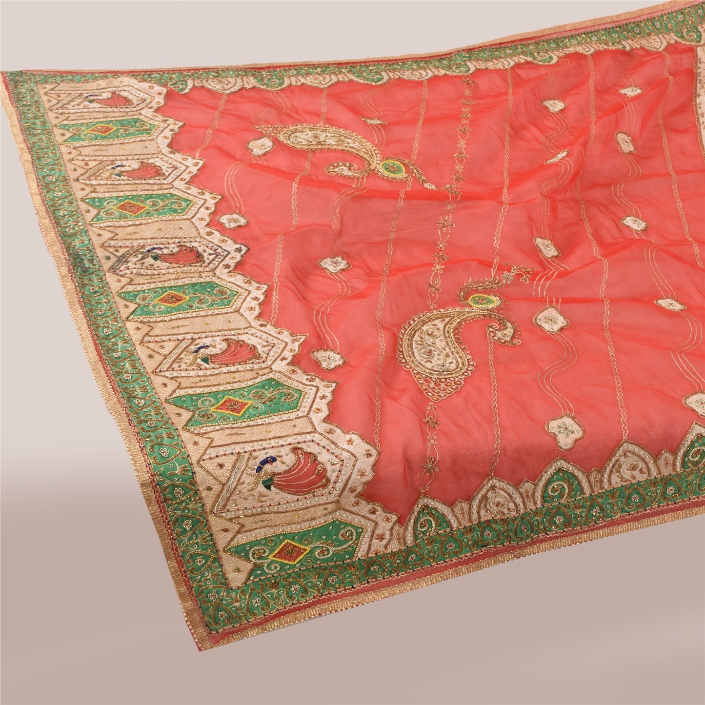 Sanskriti Vintage Red Wedding Dupatta Long Stole Pure Silk Hand Beaded Scarves