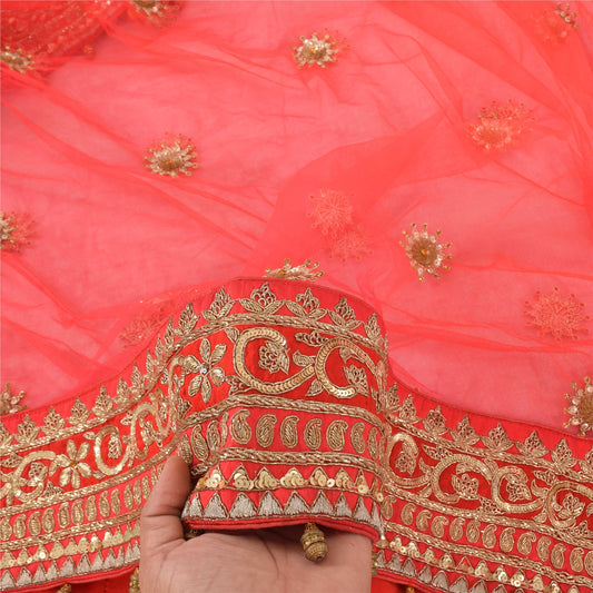 Sanskriti Vintage Red Dupatta Long Stole Pure Silk Hand Beaded Premium Wrap Veil