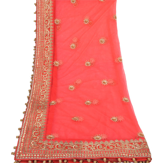 Sanskriti Vintage Red Net Dupatta/Stole: Hand-Beaded Indian Stole, Zardozi Embroidery Bridal Craft Supplies Used Neckscarf Long Headscarf