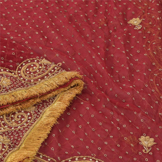 Sanskriti Vintage Red Dupatta Long Stole Pure Chiffon Hand Beaded Zardozi Dabka Ethnic Scarves Indian Craft Supplies Fabric