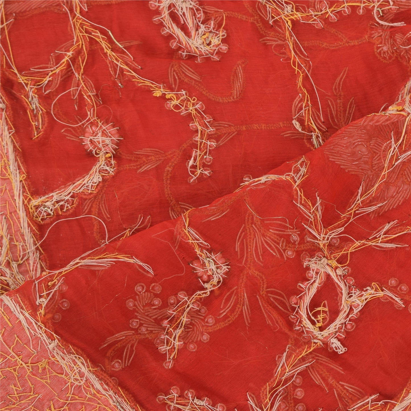 Sanskriti Vintage Red Dupatta Long Stole Pure Chiffon silk Hand Beaded Wrap Veil