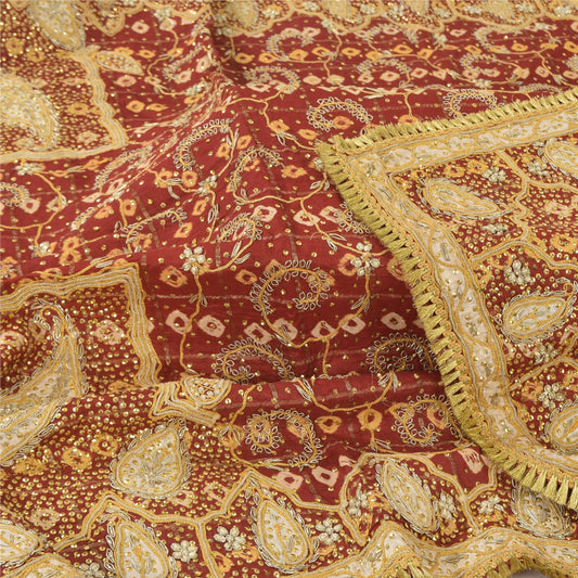 Sanskriti Vintage Red Dupatta Long Stole Pure Cotton Hand Beaded Bandhani Veil