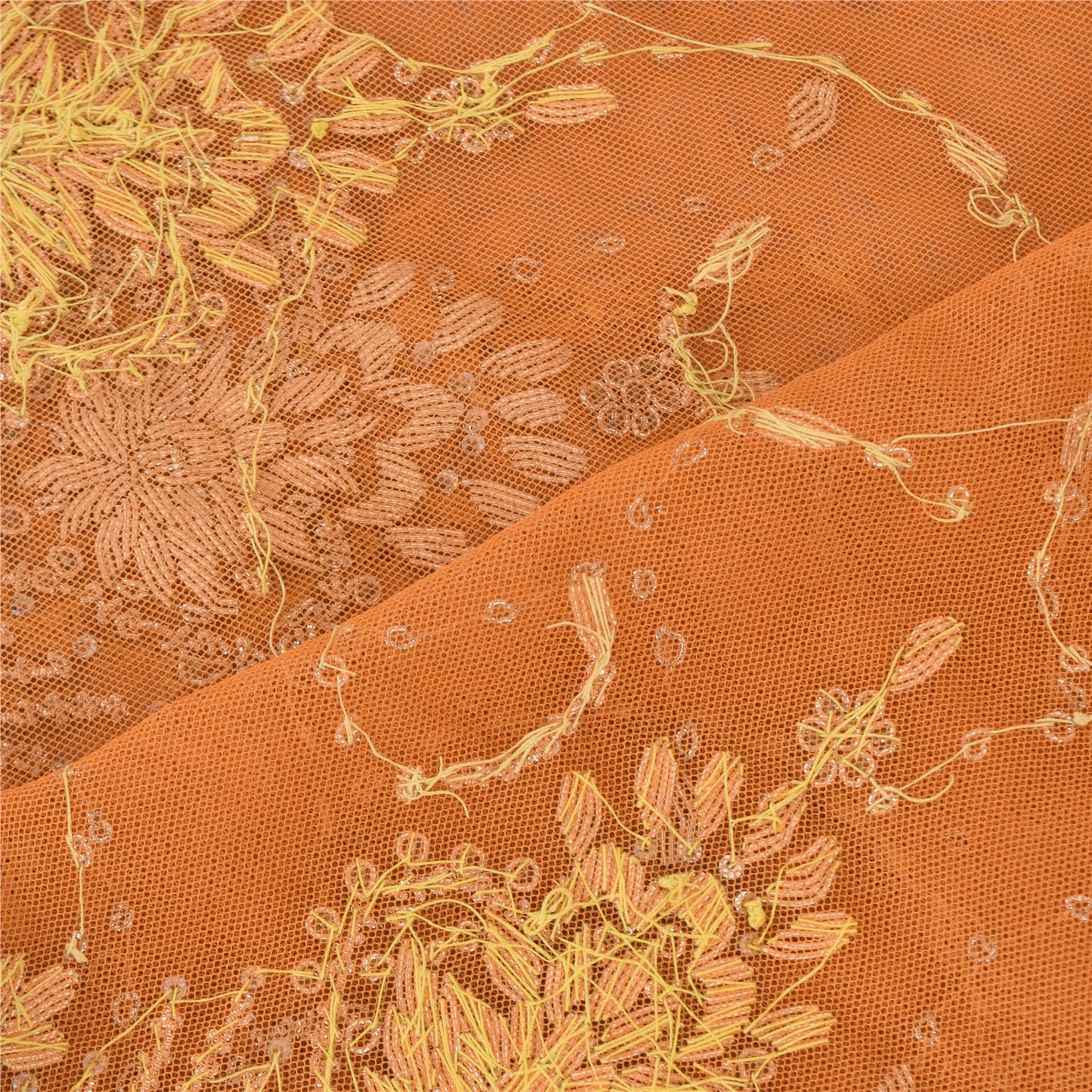 Sanskriti Vintage Yellow Dupatta Long Stole Net Mesh Hand Beaded Ethnic Scarves