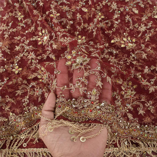 Sanskriti Vintage Dark Red Dupatta Long Stole Pure Silk Hand Beaded Veil