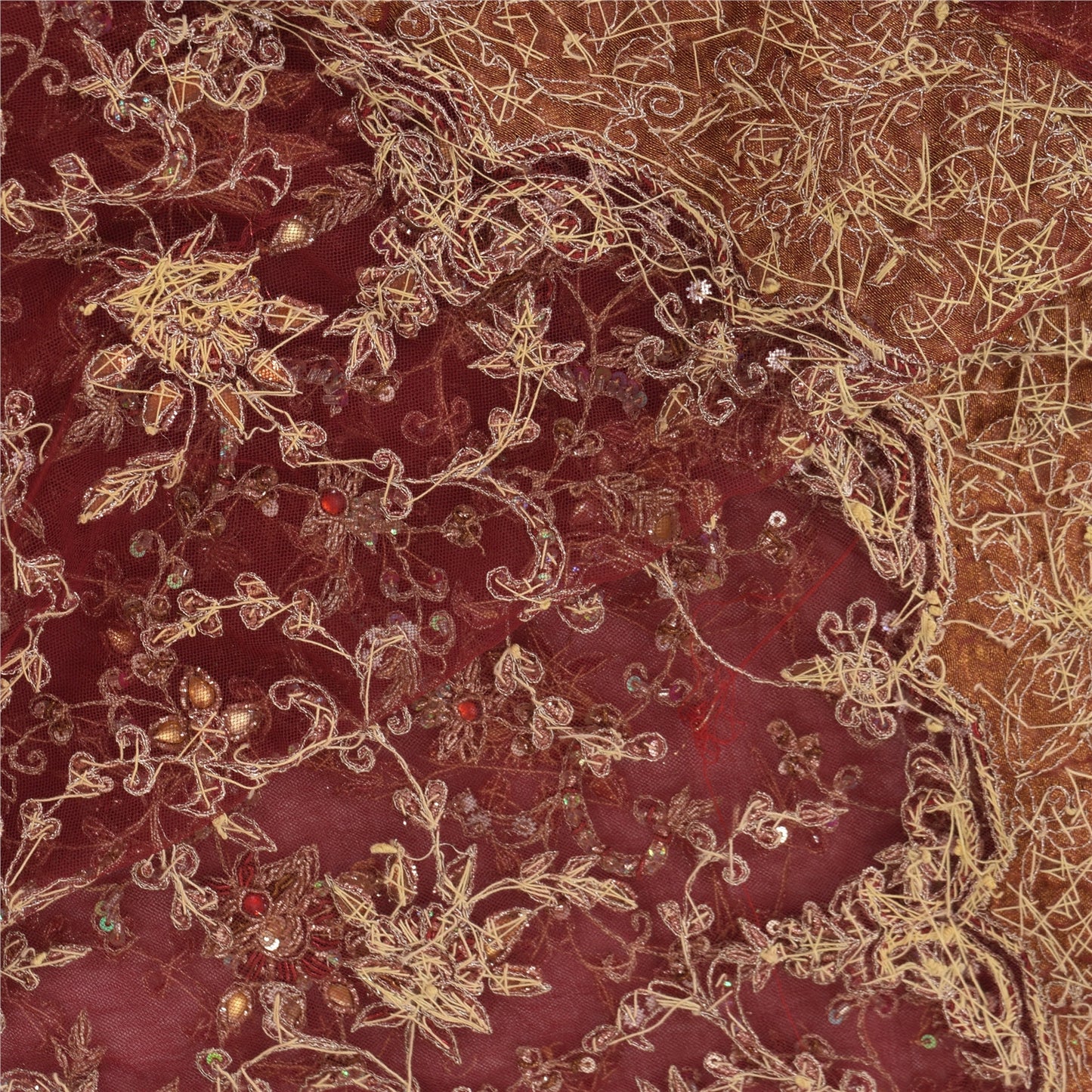 Sanskriti Vintage Dark Red Dupatta Long Stole Pure Silk Hand Beaded Veil