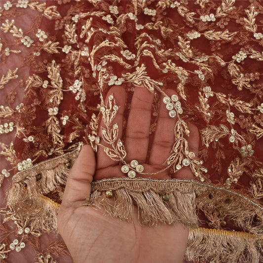 Sanskriti Vintage Dark Red Sarees Net Mesh Hand Beaded Sari Premium Craft Sustainable Fabric