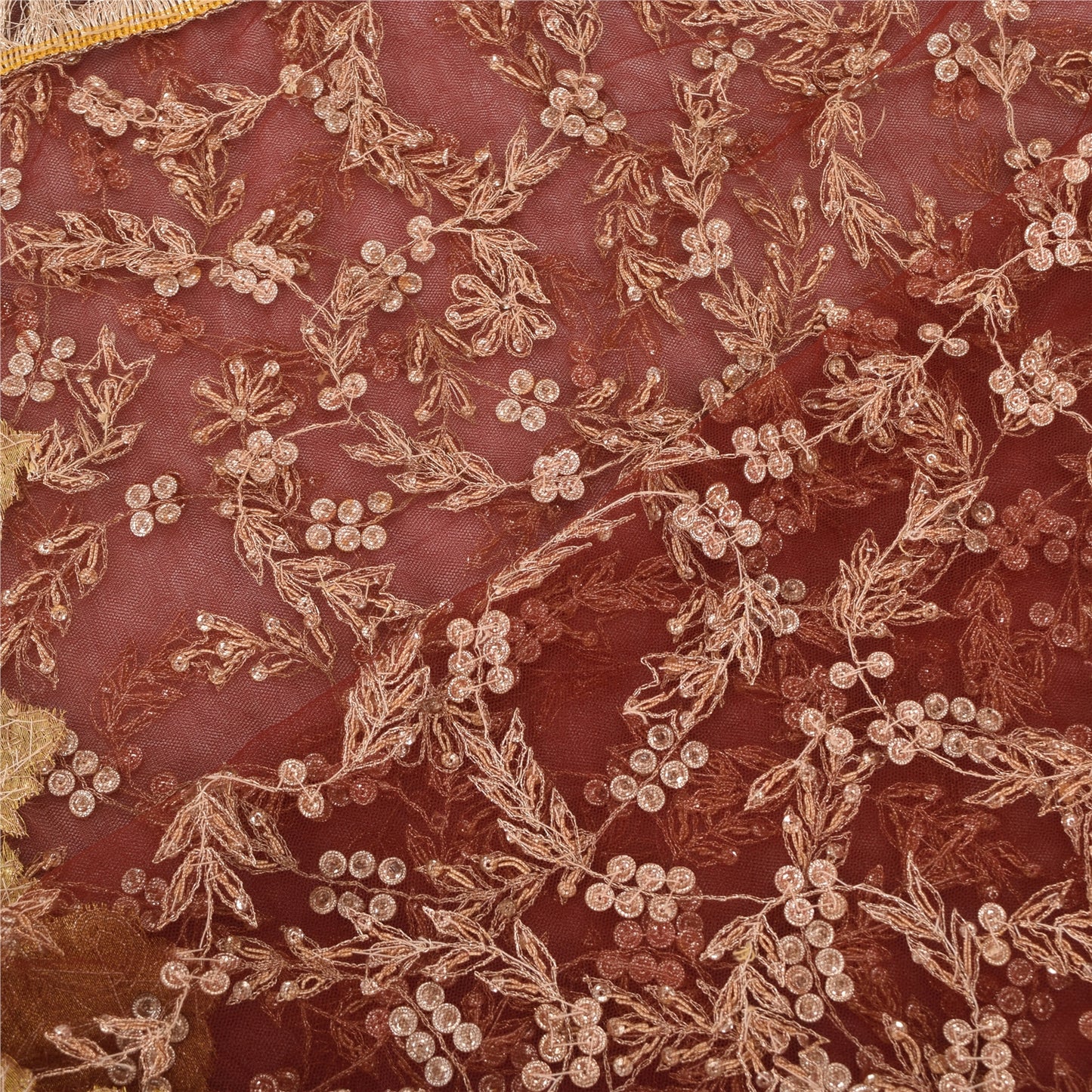 Sanskriti Vintage Dark Red Sarees Net Mesh Hand Beaded Sari Premium Craft Sustainable Fabric