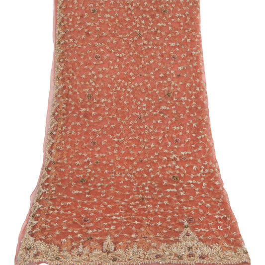 Sanskriti Vintage Orange Dupatta Long Stole Net Mesh Hand Beaded Antique Zari Zardozi Ethnic Scarves Used Neckscarf Long Headscarf