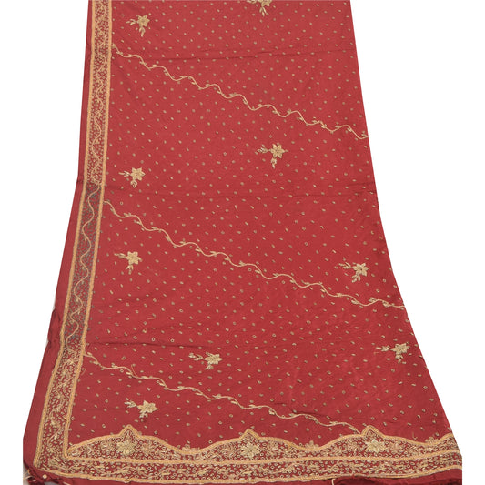 Sanskriti Vintage Red Art Silk Dupatta Long Stole Hand Embroidered Zardozi Wrap Veil Uses-Table linen, Cushions, Curtains, Dressing