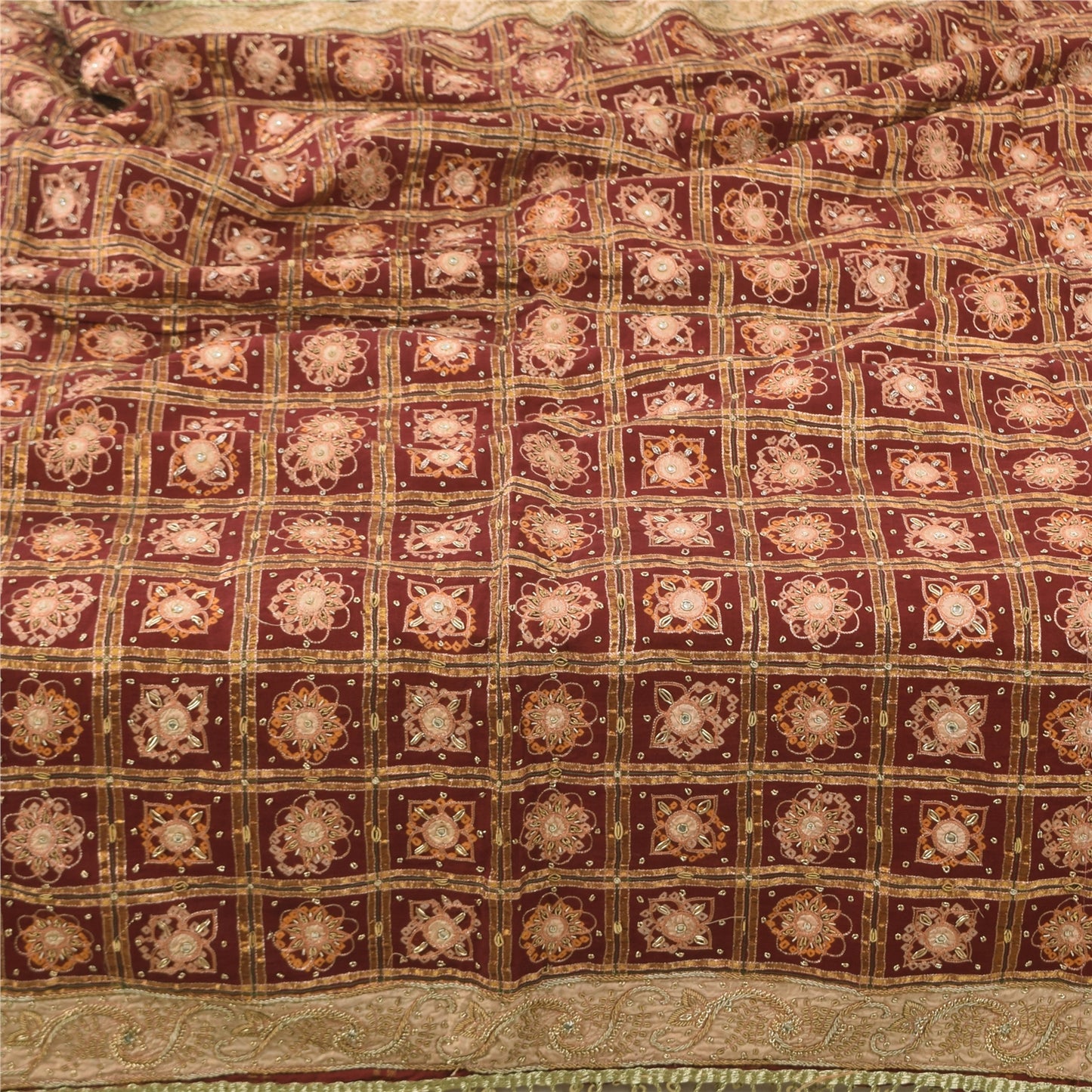 Sanskriti Vintage Red Dupatta Long Stole Pure Cotton Gharchola Bandhani Scarves