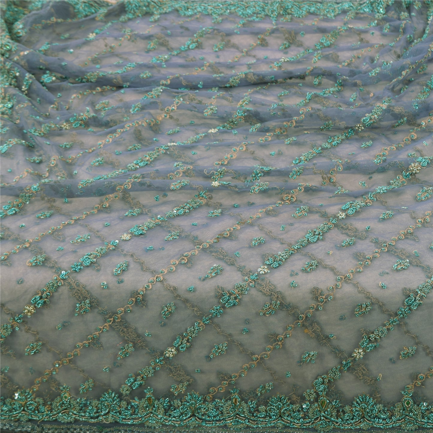 Sanskriti Vintage Dupatta/Stole Net Mesh Blue Hand Beaded Zardozi Scarves Veil