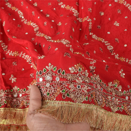 Sanskriti Vintage Red Dupatta Long Stole Pure Silk Hand Beaded Ethnic Wrap Veil