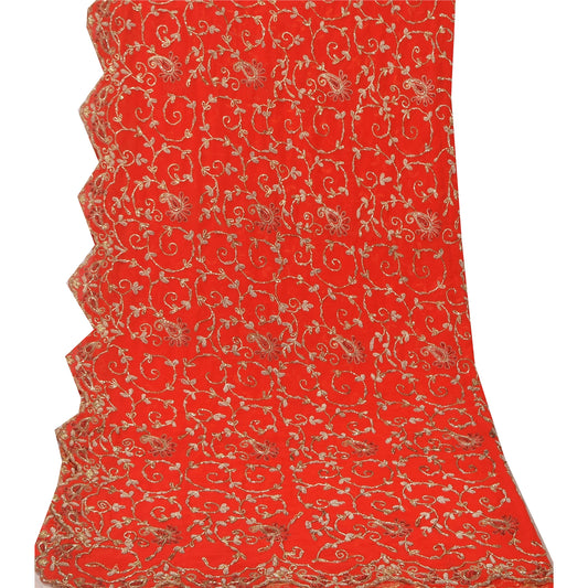 Sanskriti Vintage Orange Art Silk Dupatta Long Stole Hand Embroidered Zari Zardozi Seqins Antique Uses- linen, Cushions, Curtains