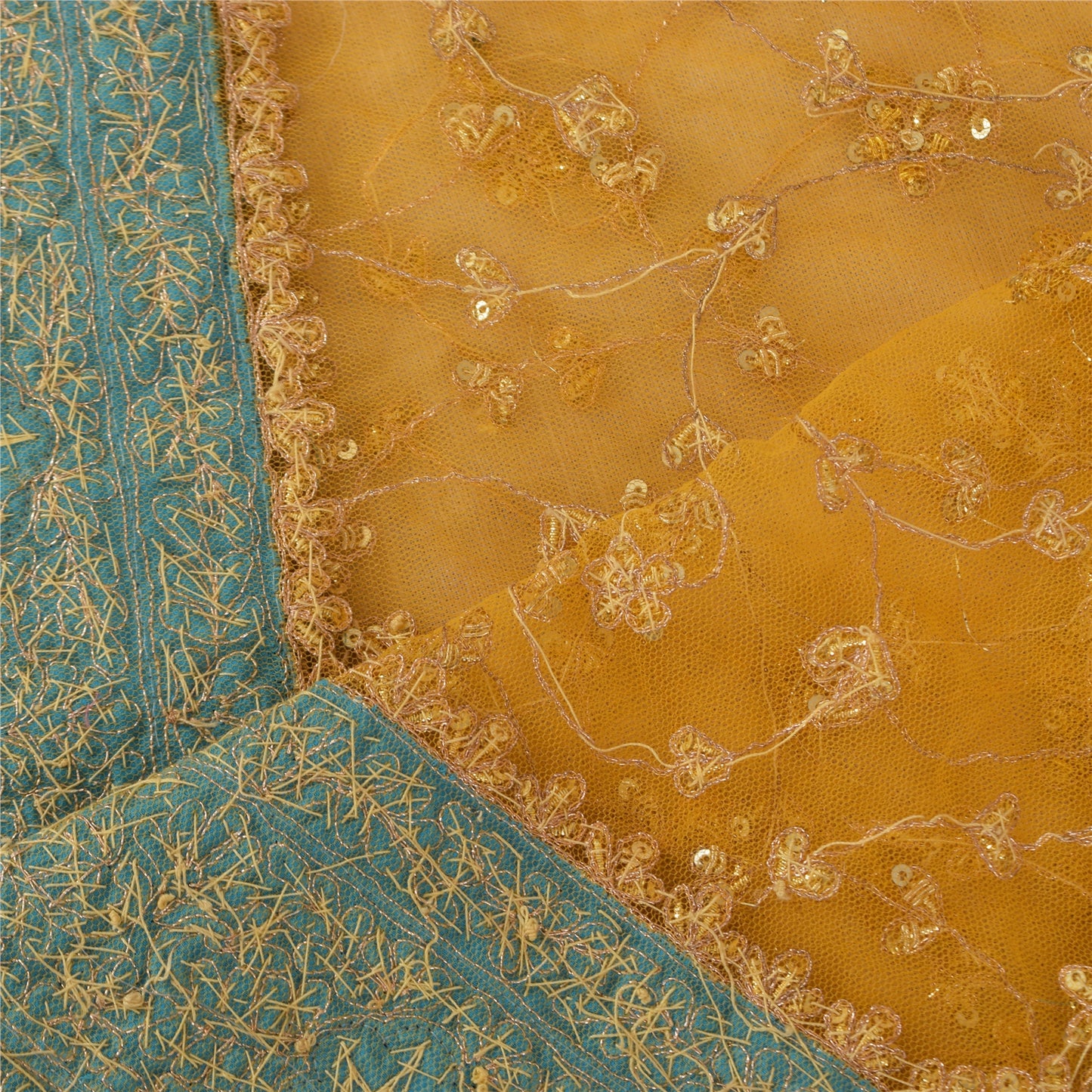 Sanskriti Vintage Yellow Dupatta Long Stole Net Mesh Hand Beaded Premium Scarves