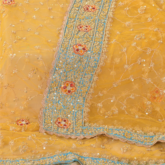 Sanskriti Vintage Yellow Dupatta Long Stole Net Mesh Hand Beaded Premium Scarves