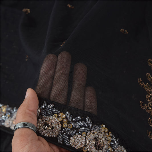 Sanskriti Vintage Black Dupatta Long Stole Net Mesh Hand Beaded Premium Scarves