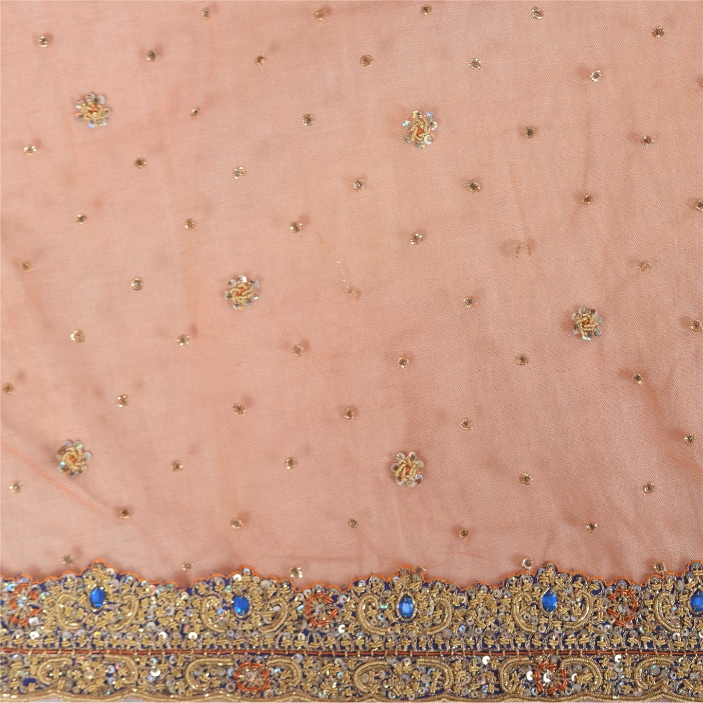 Sanskriti Vintage Orange Net Dupatta Hand Beaded Zari Zardozi Neck Stole Fabric