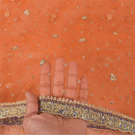 Sanskriti Vintage Orange Net Dupatta Hand Beaded Zari Zardozi Neck Stole Fabric