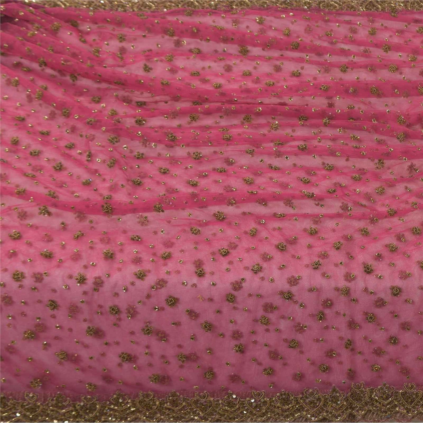 Sanskriti Vintage Pink Dupatta Long Stole Net Mesh Hand Beaded Ethnic Wrap Veil