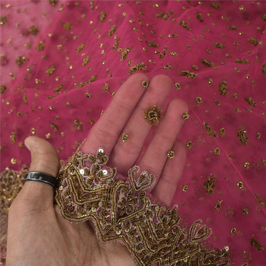 Sanskriti Vintage Pink Dupatta Long Stole Net Mesh Hand Beaded Ethnic Wrap Veil