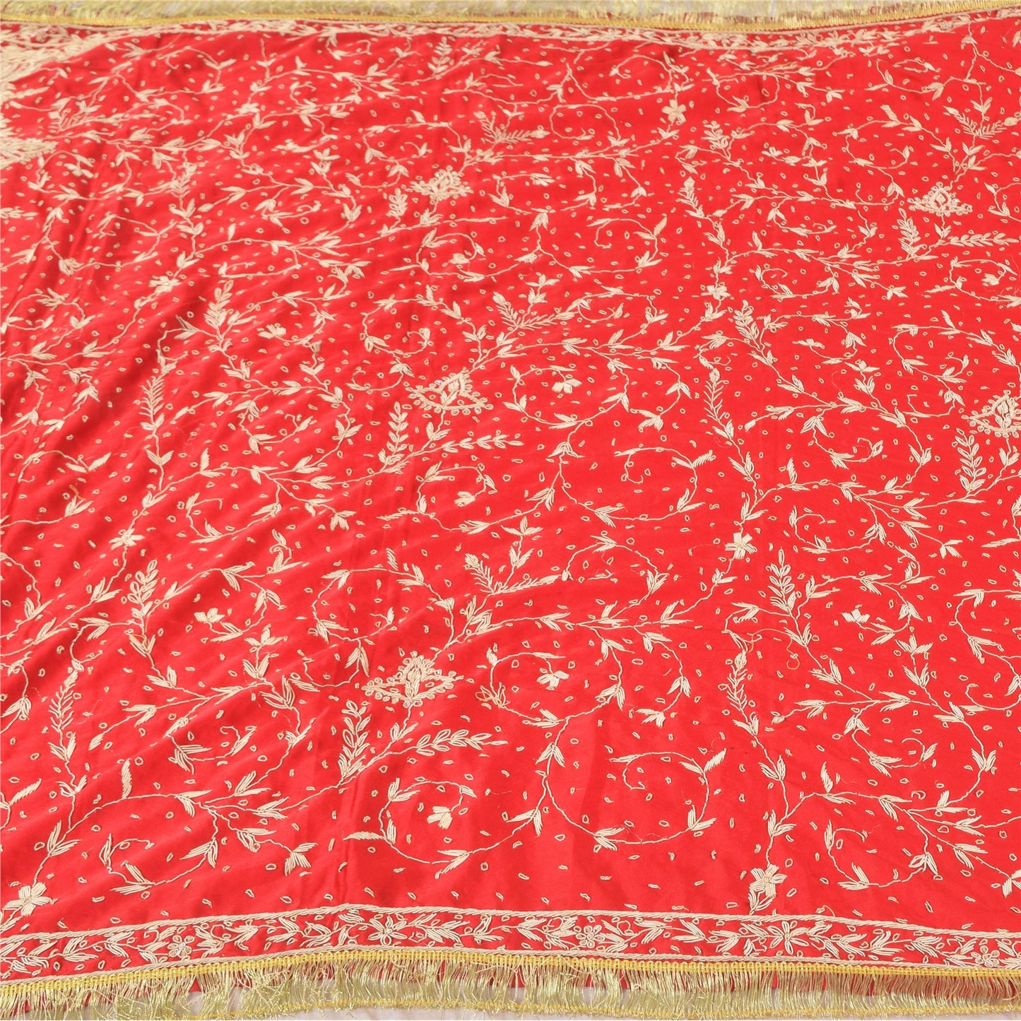 Sanskriti Vintage Red Dupatta Long Stole Art Silk Hand Beaded Premium Wrap Veil