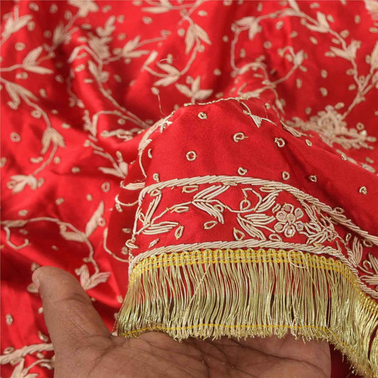 Sanskriti Vintage Red Dupatta Long Stole Art Silk Hand Beaded Premium Wrap Veil