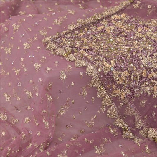 Sanskriti Vintage Pink Dupatta Long Stole Net Mesh Hand Beaded Premium Wrap Veil
