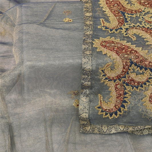 Sanskriti Vintage Gray Dupatta Long Stole Net Hand Beaded Premium Wrap Scarves