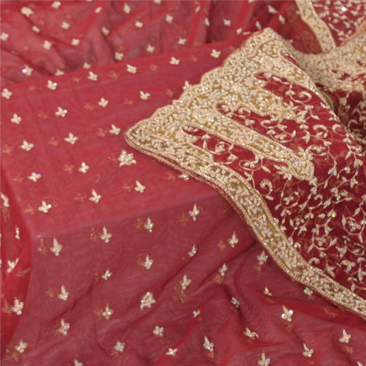 Sanskriti Vintage Indian Red Dupatta Long Stole Net Mesh Hand Beaded Ethnic Veil