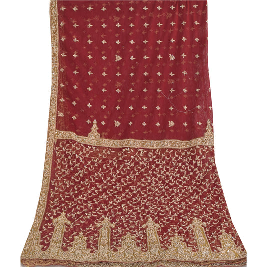 Sanskriti Vintage Indian Red Dupatta Long Stole Net Mesh Hand Beaded Ethnic Veil