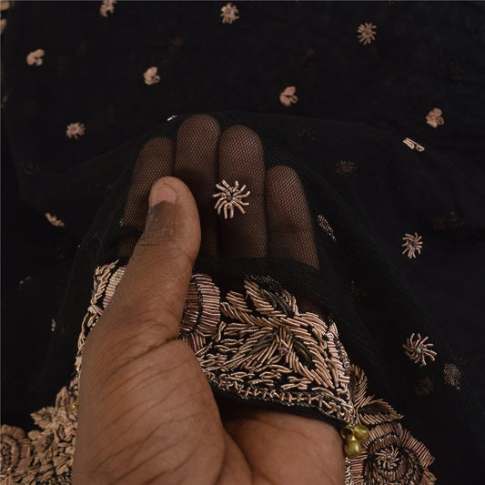 Sanskriti Vintage Black Dupatta Long Stole Net Hand Beaded Premium Wrap Scarves