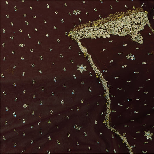 Sanskriti Vintage Indian Dark Brown Dupatta Long Stole Net Hand Beaded Wrap Veil