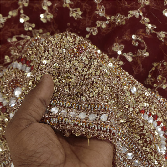 Sanskriti Vintage Indian Red Dupatta Long Stole Net Mesh Hand Beaded Ethnic Veil