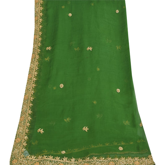 Sanskriti Vintage Green Dupatta Long Stole Pure Chiffon Hand Beaded Wrap Scarves