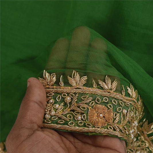 Sanskriti Vintage Green Dupatta Long Stole Pure Chiffon Hand Beaded Wrap Scarves