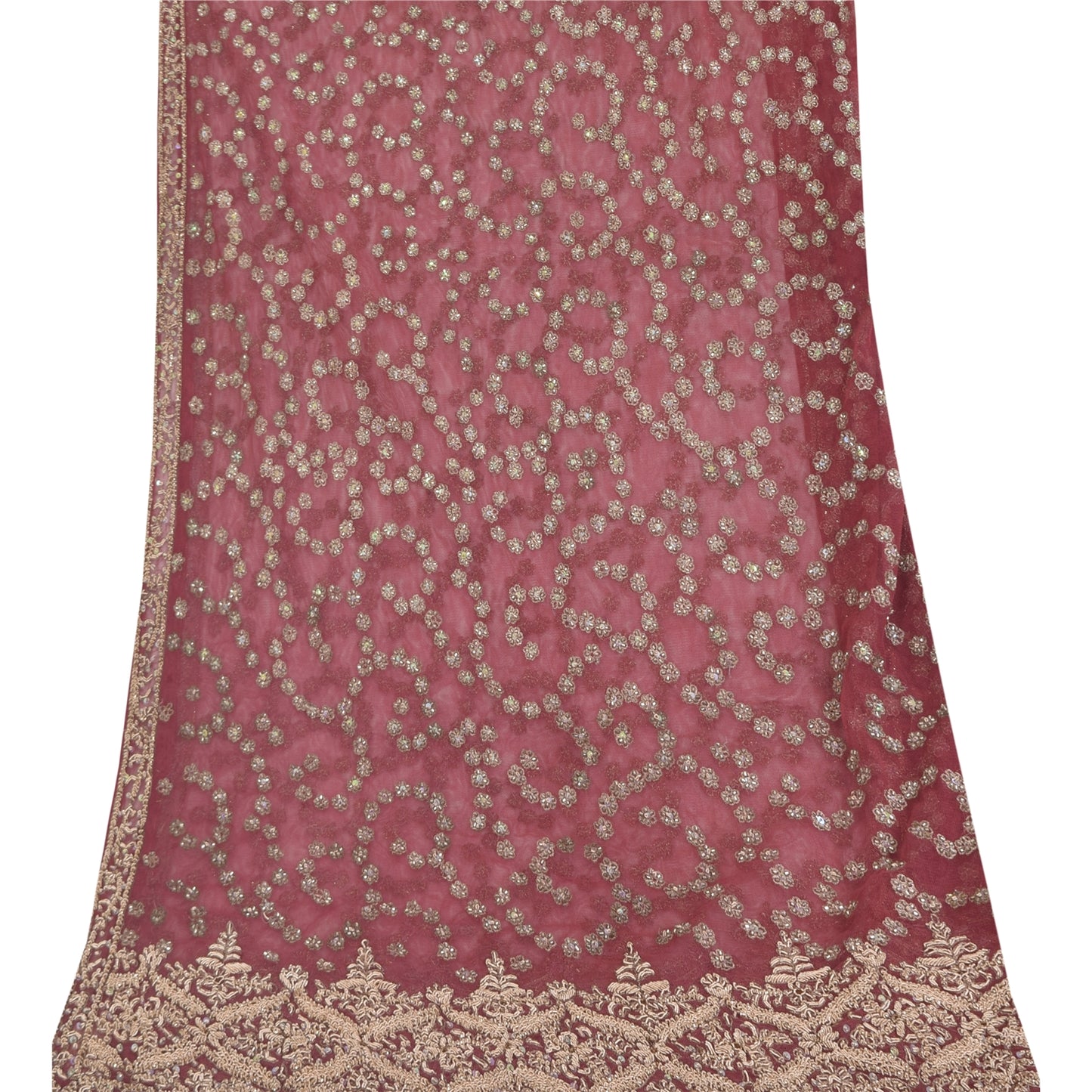 Sanskriti Vintage Mauve Dupatta Long Stole Net Mesh Hand Beaded Premium Scarves