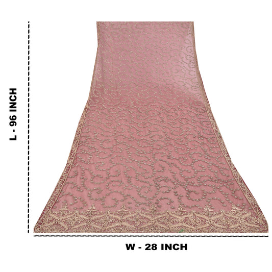 Sanskriti Vintage Mauve Dupatta Long Stole Net Mesh Hand Beaded Premium Scarves