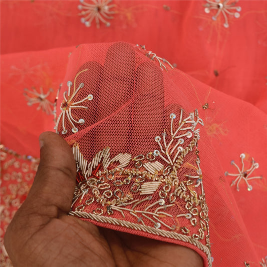 Sanskriti Vintage Pink Dupatta Long Stole Net Mesh Hand Beaded Premium Wrap Veil