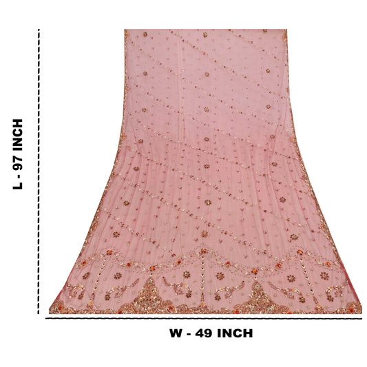 Sanskriti Vintage Pink Pure Silk Indian Dupatta Long Stole Hand Beaded Veil
