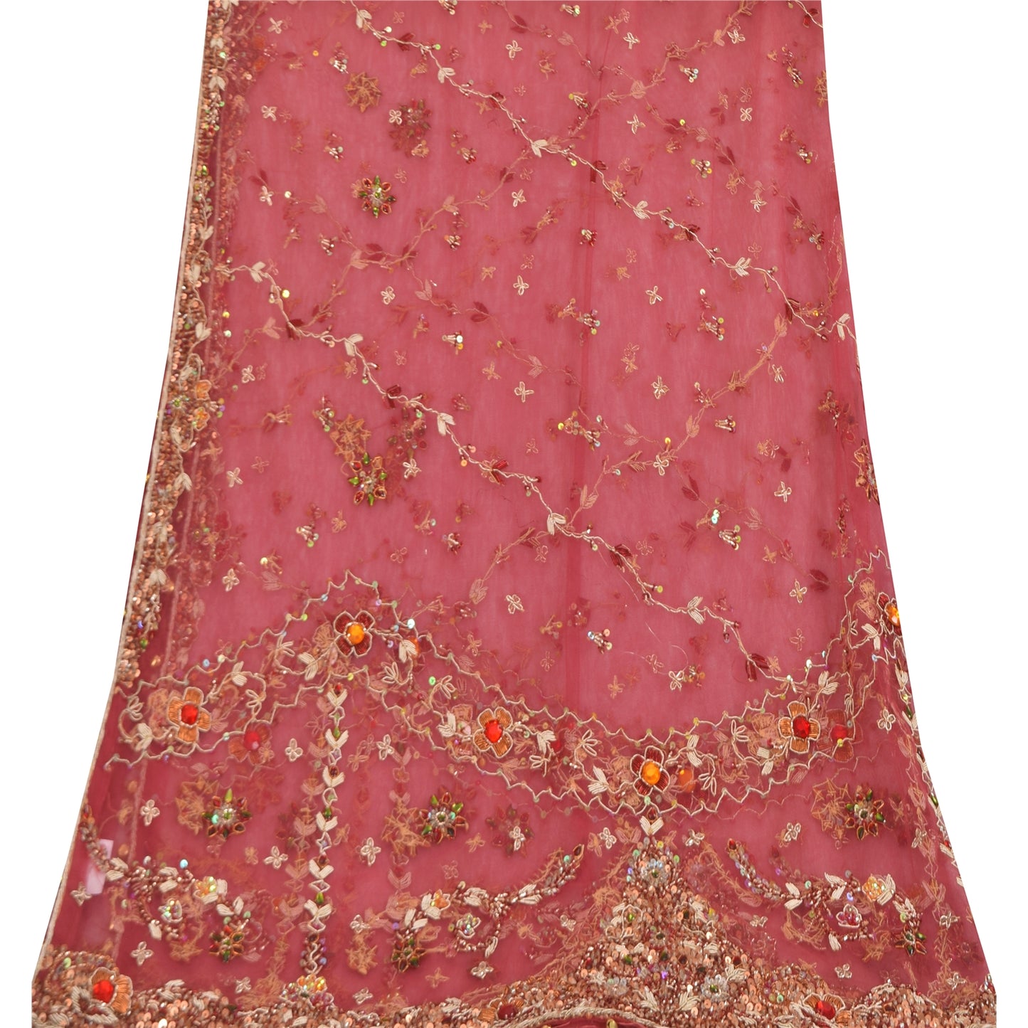 Sanskriti Vintage Pink Indian Dupatta Long Stole Pure Silk Hand Beaded Veil