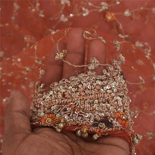 Sanskriti Vintage Orange Dupatta Long Stole Net Mesh Hand Beaded Premium Scarves