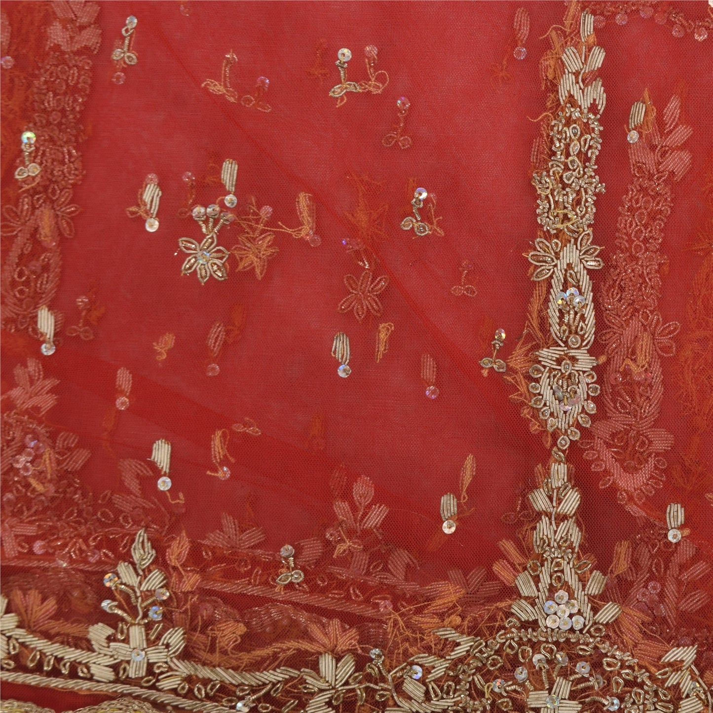 Sanskriti Vintage Red Dupatta Long Stole Net Mesh Hand Beaded Premium Wrap Veil