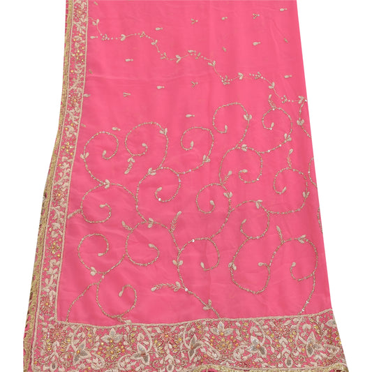 Sanskriti Vintage Pink Georgette Dupatta Long Stole Hand Bead Zari Zardozi Veil Uses-linen, Cushions, Curtains, Dressing, Decor, Sewing