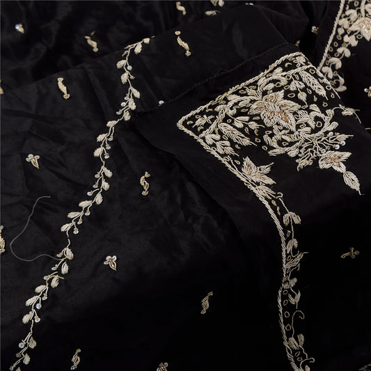 Sanskriti Vintage Black Dupatta Long Stole Art Silk Hand Beaded Premium Scarves