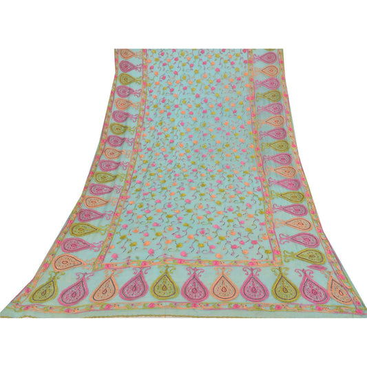 Sanskriti Vintage Blue Dupatta Long Stole Pure Chiffon Hand Embroidered Scarves