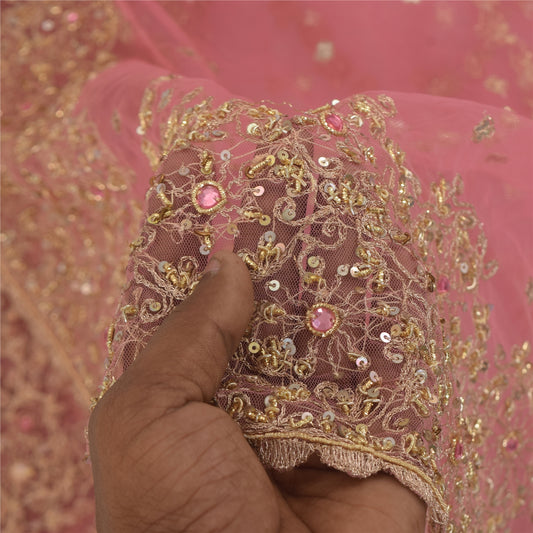 Sanskriti Vintage Pink Dupatta Long Stole Net Mesh Hand Beaded Ethnic Wrap Veil