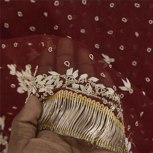 Sanskriti Vintage Red Dupatta Long Stole Net Mesh Hand Beaded Premium Wrap Veil